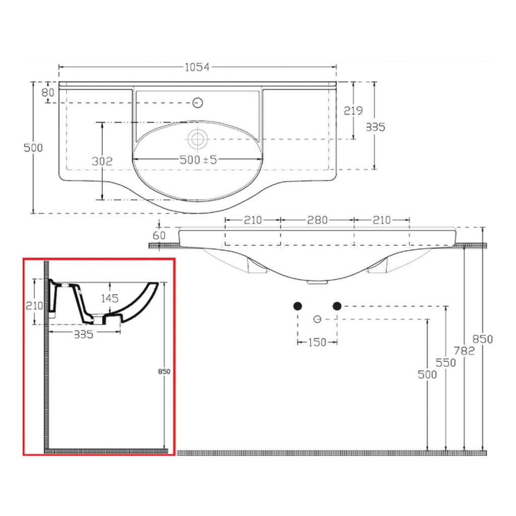 Lavabo consolle per mobile bagno con troppo pieno e foro rubinetto BathCore cm 105x50