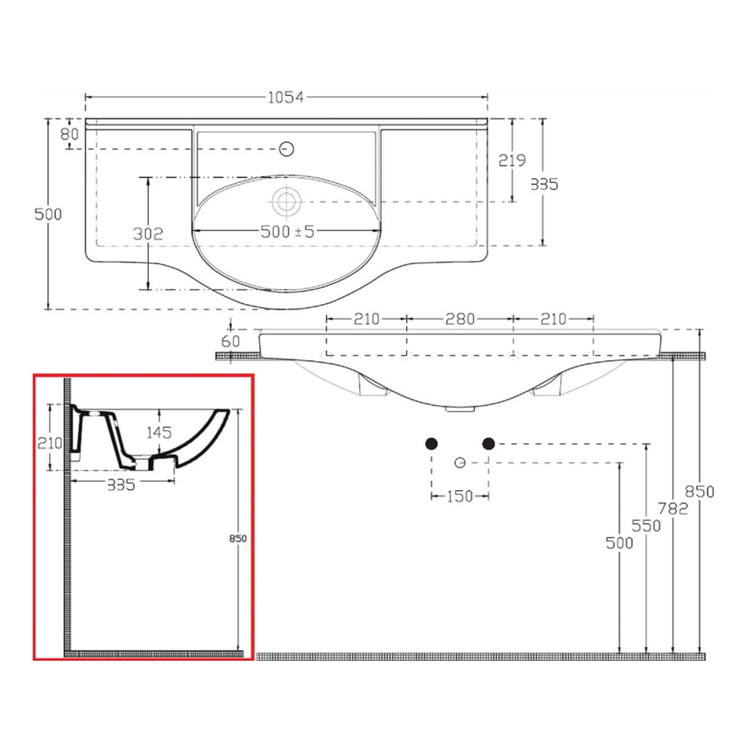Lavabo consolle per mobile bagno con troppo pieno e foro rubinetto BathCore cm 105x50