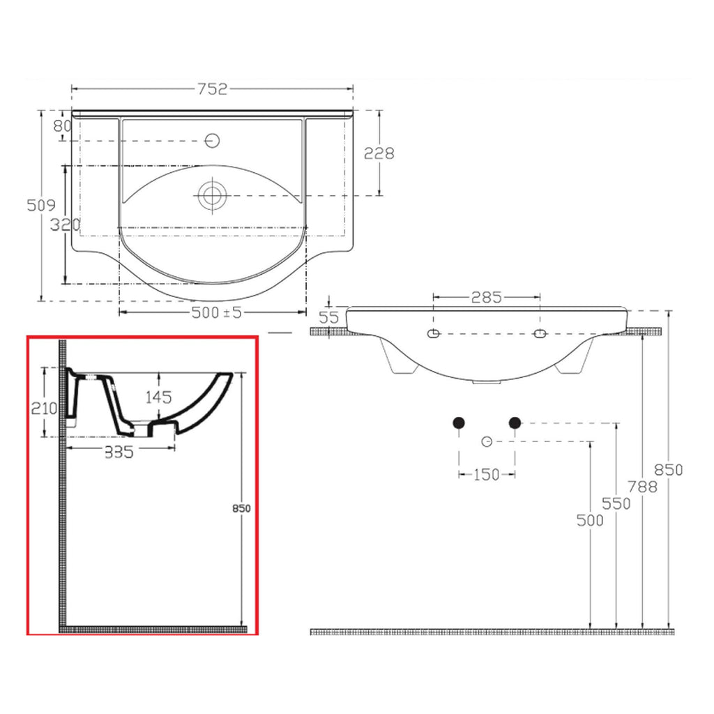 Lavabo consolle per mobile bagno con troppo pieno e foro rubinetto BathCore cm 75x50
