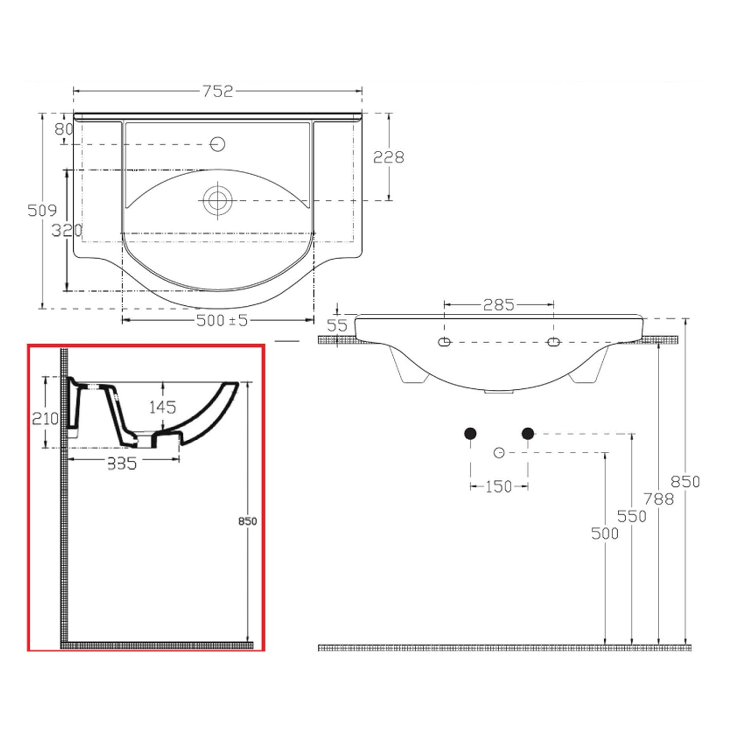 Lavabo consolle per mobile bagno con troppo pieno e foro rubinetto BathCore cm 75x50