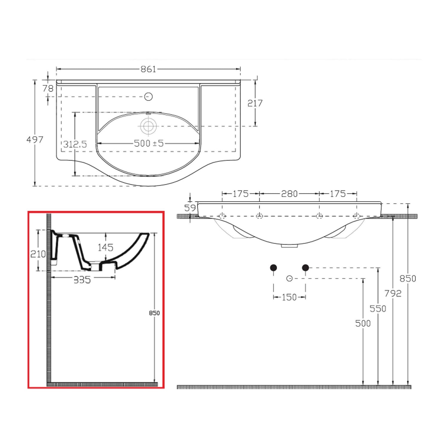 Lavabo consolle per mobile bagno con troppo pieno e foro rubinetto BathCore cm 85x50
