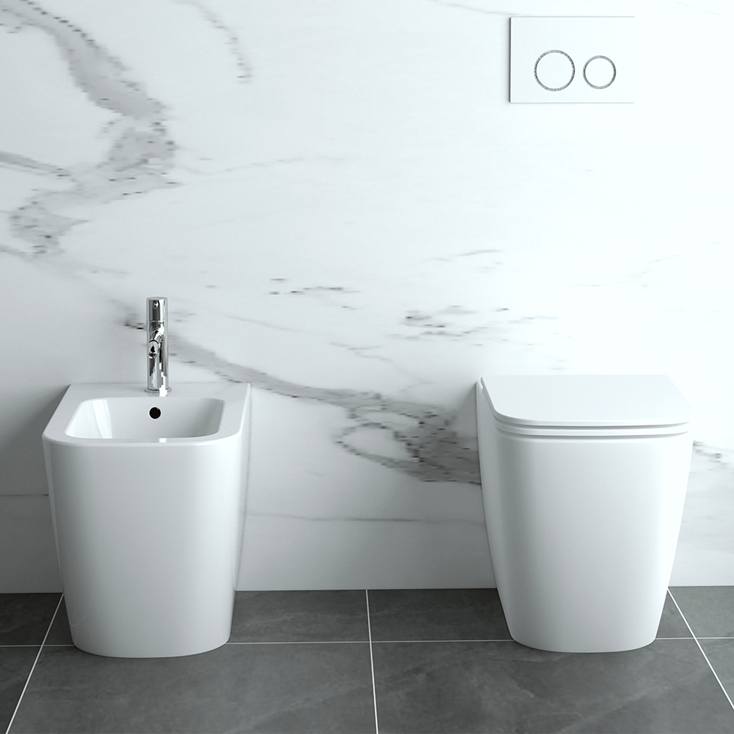 Coppia sanitari a terra BathCore serie Lunaria 54x36x42 cm - Vaso a terra + bidet a terra + copriwater