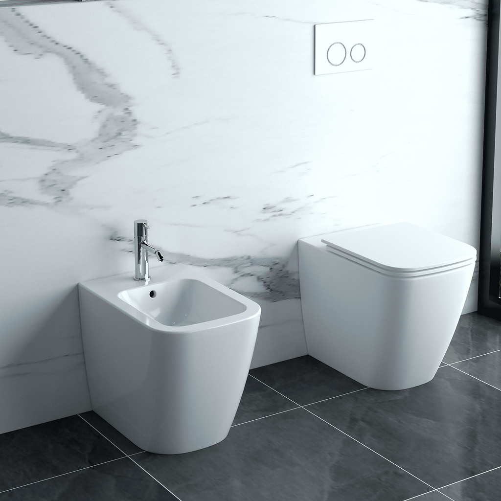 Coppia sanitari a terra BathCore serie Lunaria 54x36x42 cm - Vaso a terra + bidet a terra + copriwater