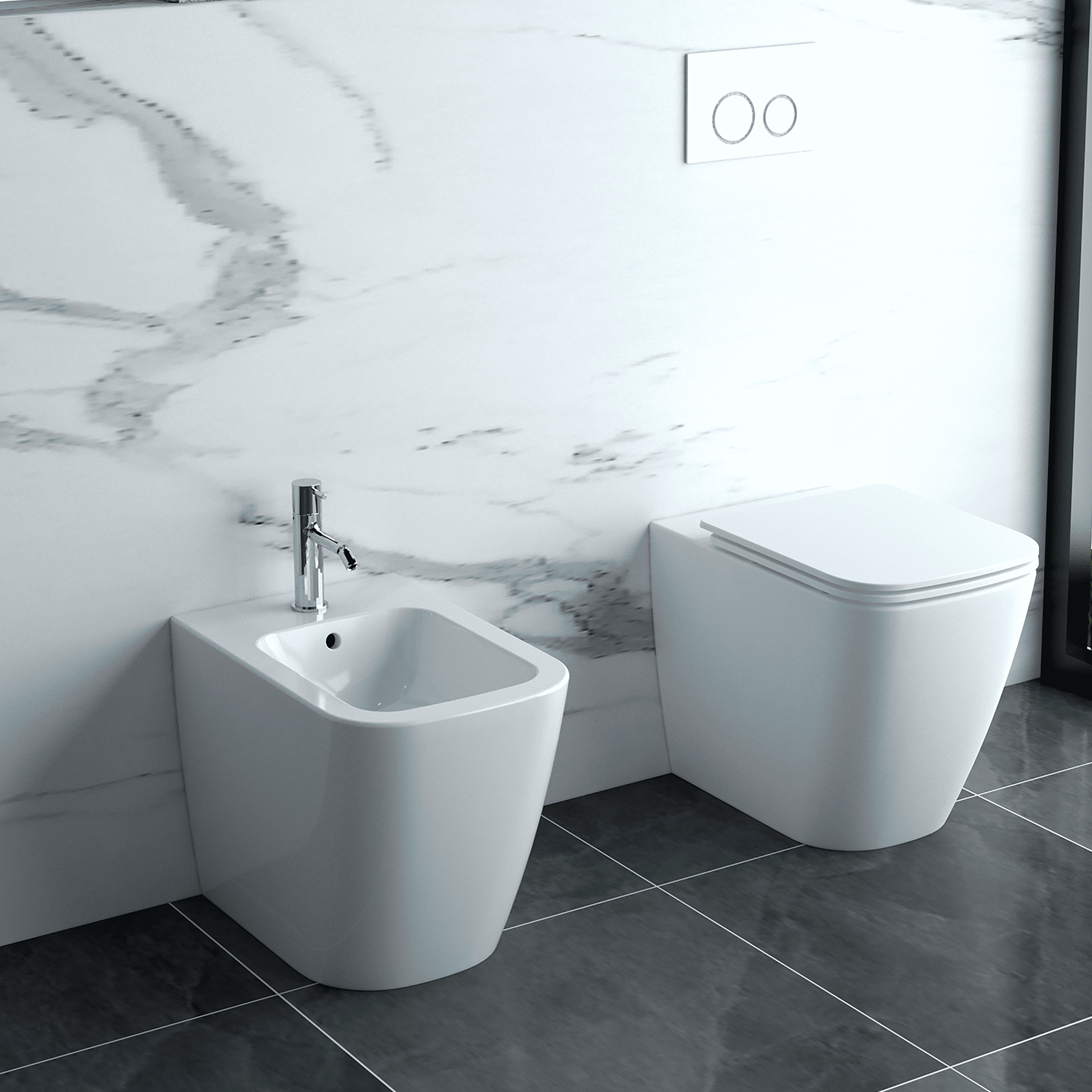 Coppia sanitari a terra BathCore serie Lunaria 54x36x42 cm - Vaso a terra + bidet a terra + copriwater