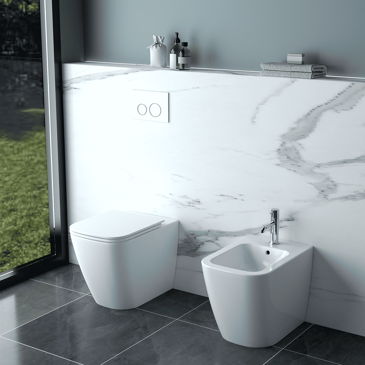 Sanitari a terra Bathcore serie Mars 54x36x42 cm - Coppia vaso e bidet con copriwater incluso