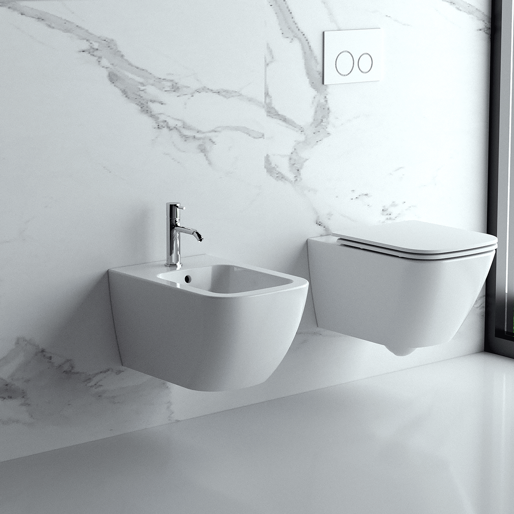 Coppia sanitari sospesi BathCore serie Etherea 42x52 cm - Vaso sospeso + bidet sospeso + copriwater
