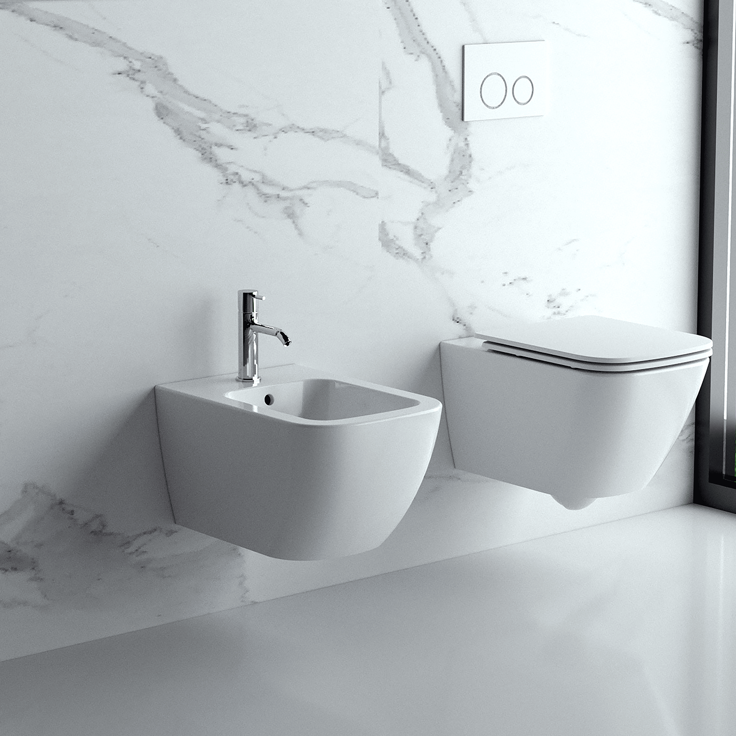 Coppia sanitari sospesi BathCore serie Etherea 42x52 cm - Vaso sospeso + bidet sospeso + copriwater