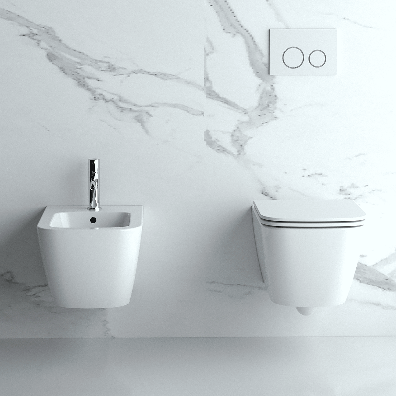 Coppia sanitari sospesi BathCore serie Etherea 42x52 cm - Vaso sospeso + bidet sospeso + copriwater