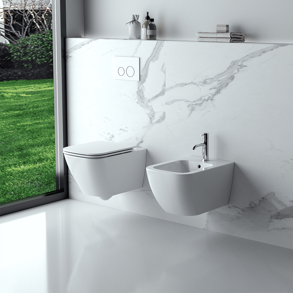 Coppia sanitari sospesi BathCore serie Nuvia 42x52 cm - Vaso sospeso + bidet sospeso + copriwater