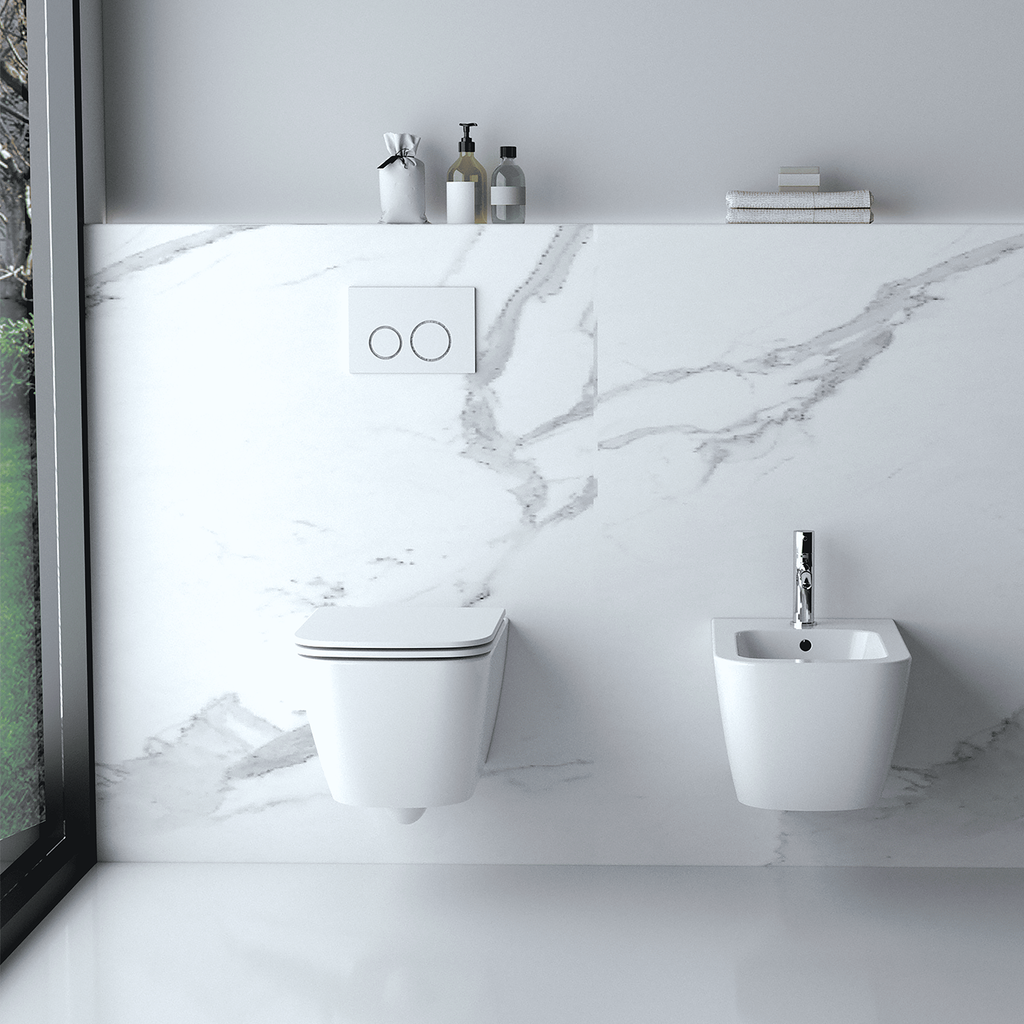 Coppia sanitari sospesi BathCore serie Nuvia 42x52 cm - Vaso sospeso + bidet sospeso + copriwater