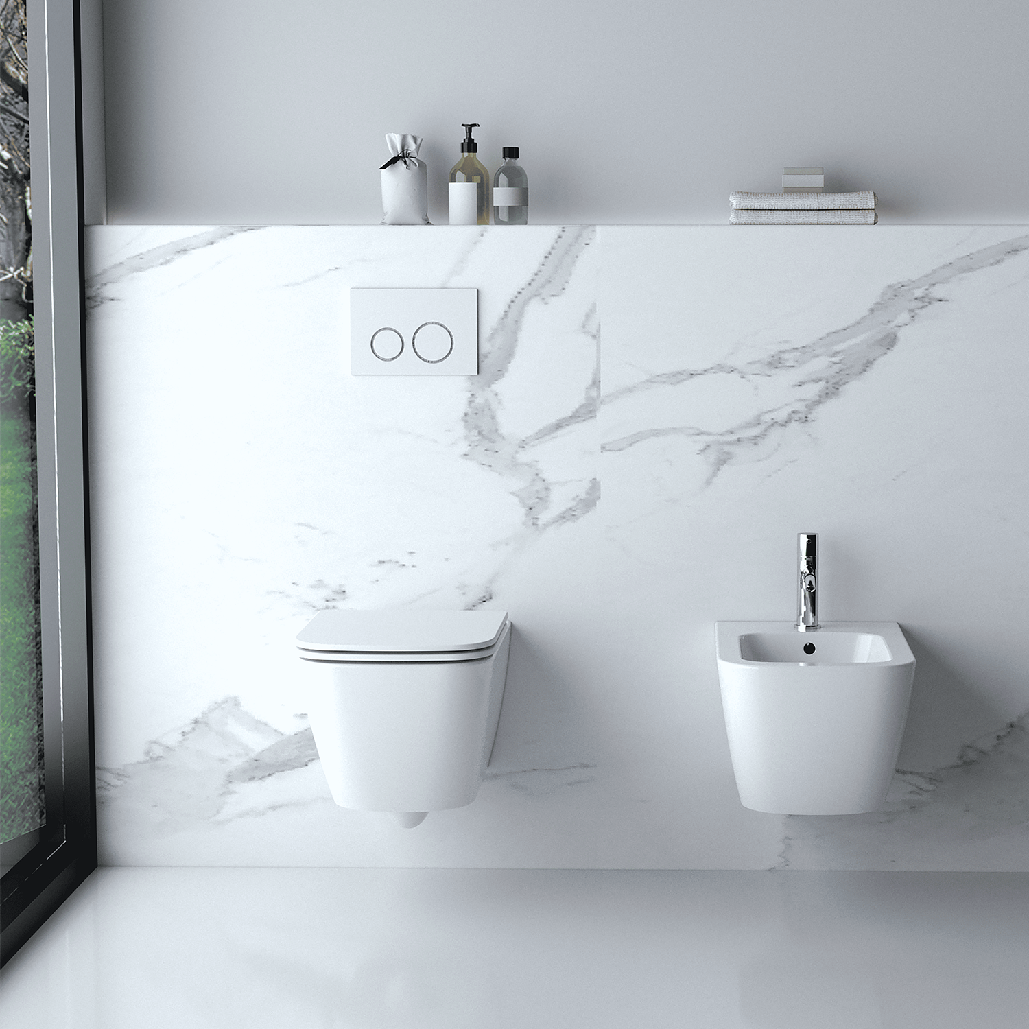 Coppia sanitari sospesi BathCore serie Nuvia 42x52 cm - Vaso sospeso + bidet sospeso + copriwater