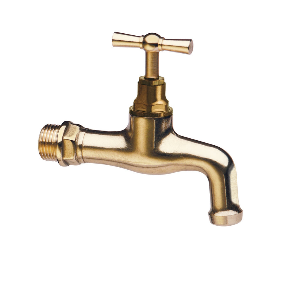 Rubinetto da giardino curvo in ottone lucidato con maniglia a T