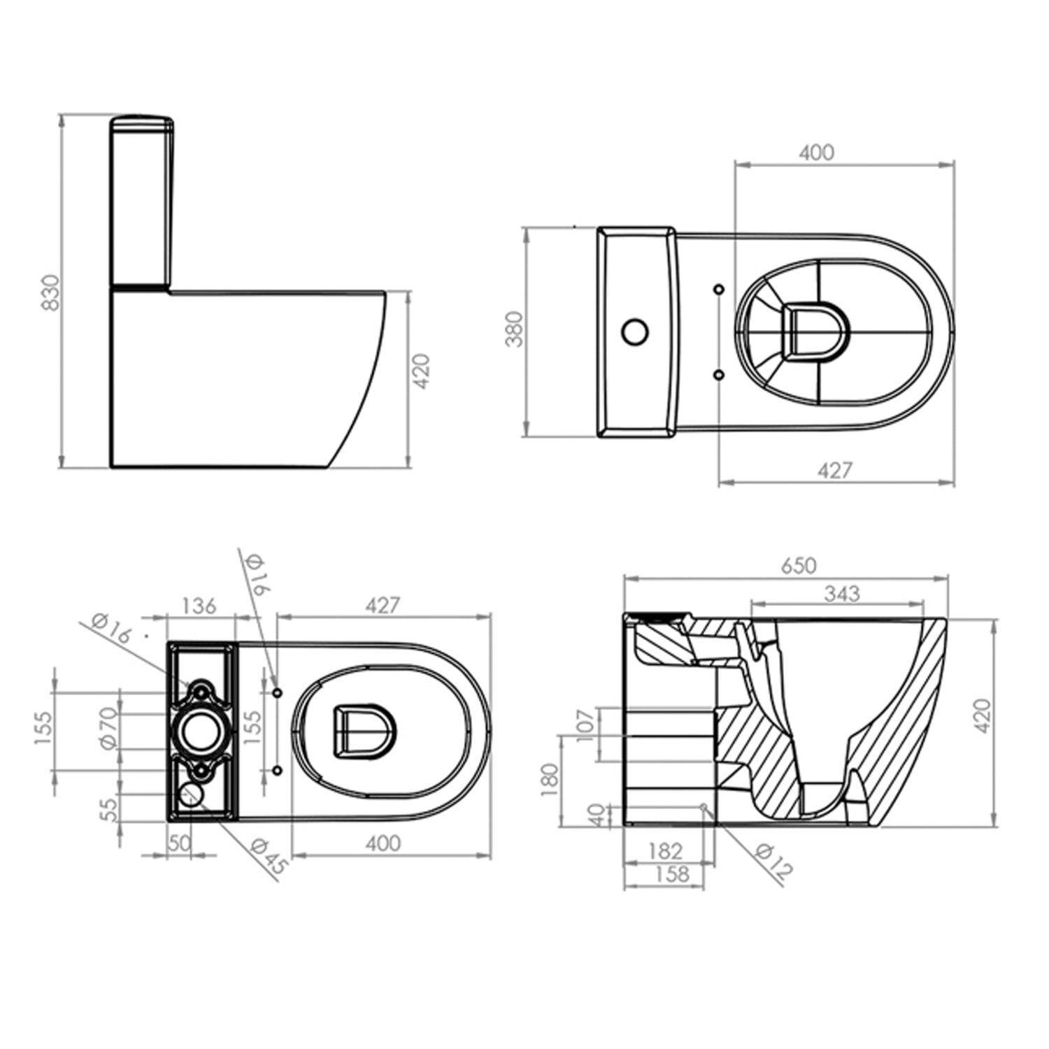Vaso monoblocco filomuro Rimless modello Greta 65x38 cm con cassetta - Bianco