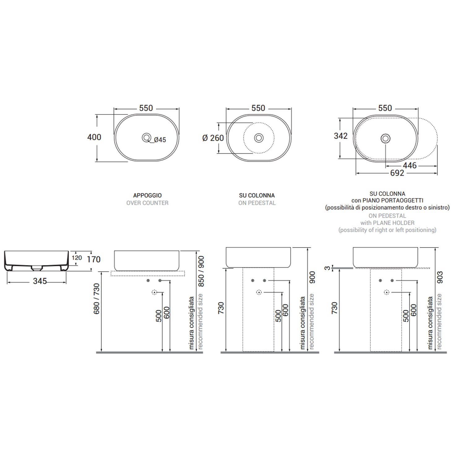 Lavabo rotondo Azzurra serie Aurea 55x40x17 cm - Bianco lucido