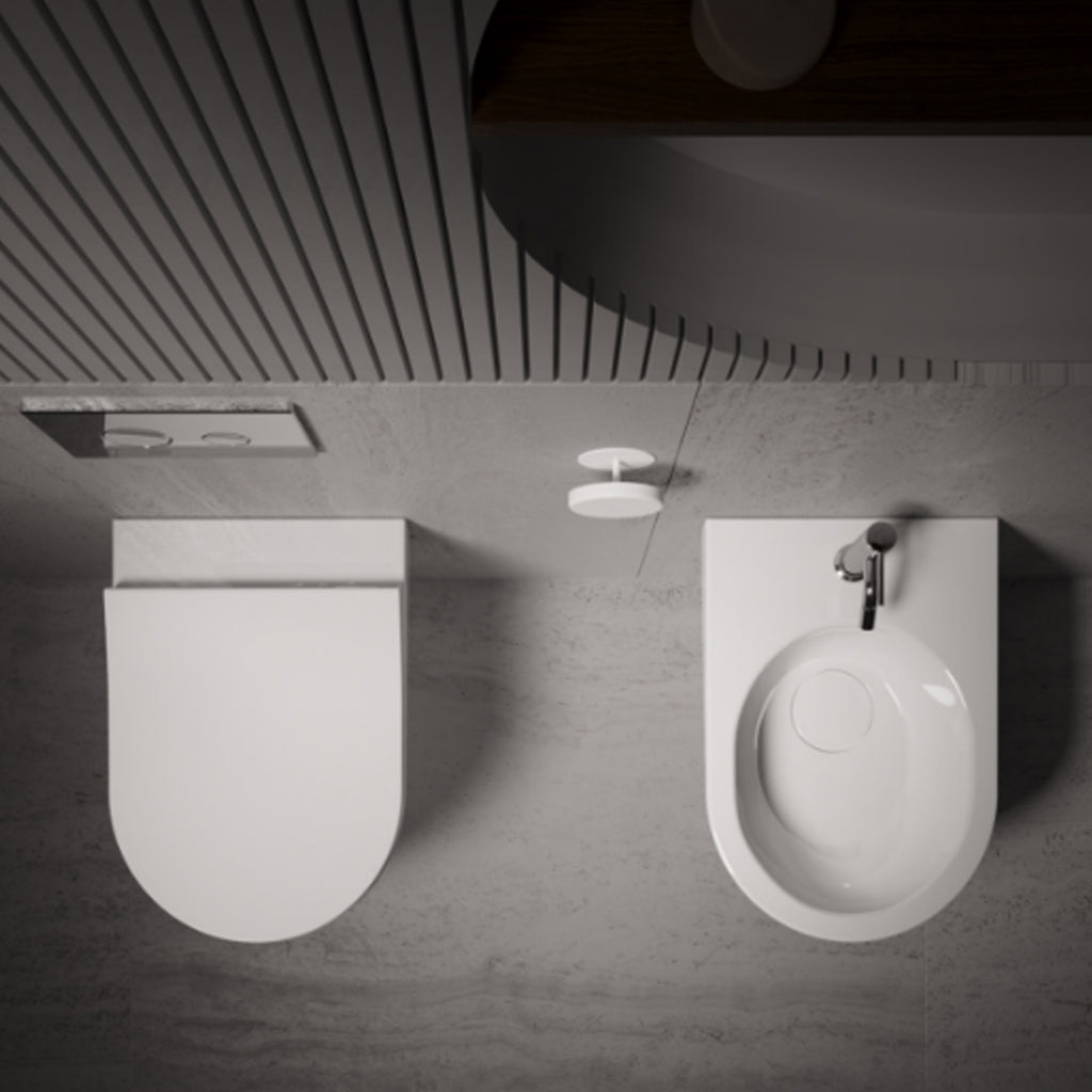 Sanitari filomuro senza brida scarico traslato Domus Falerii collezione Multipla 52x36 cm bianco lucido