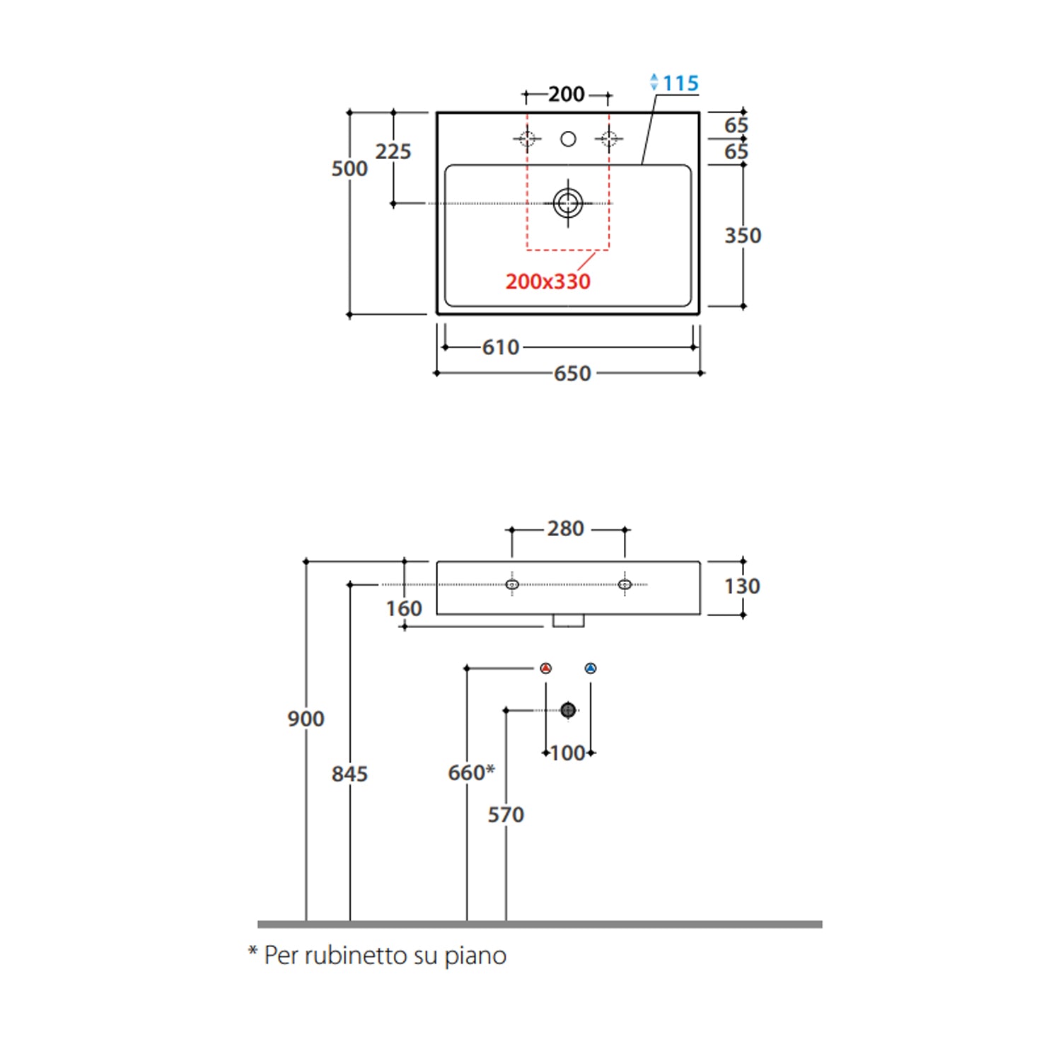 Lavabo rettangolare Stone 65x50x13 cm Ceramica Globo â€“ Bianco lucido
