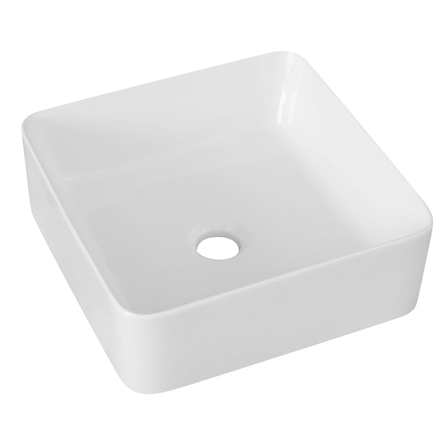 Lavabo d'appoggio quadrato in ceramica bianca senza troppo pieno cm 39