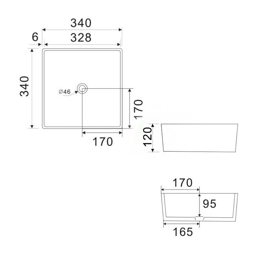 Lavabo d'appoggio quadrato in ceramica bianca senza troppo pieno cm 34
