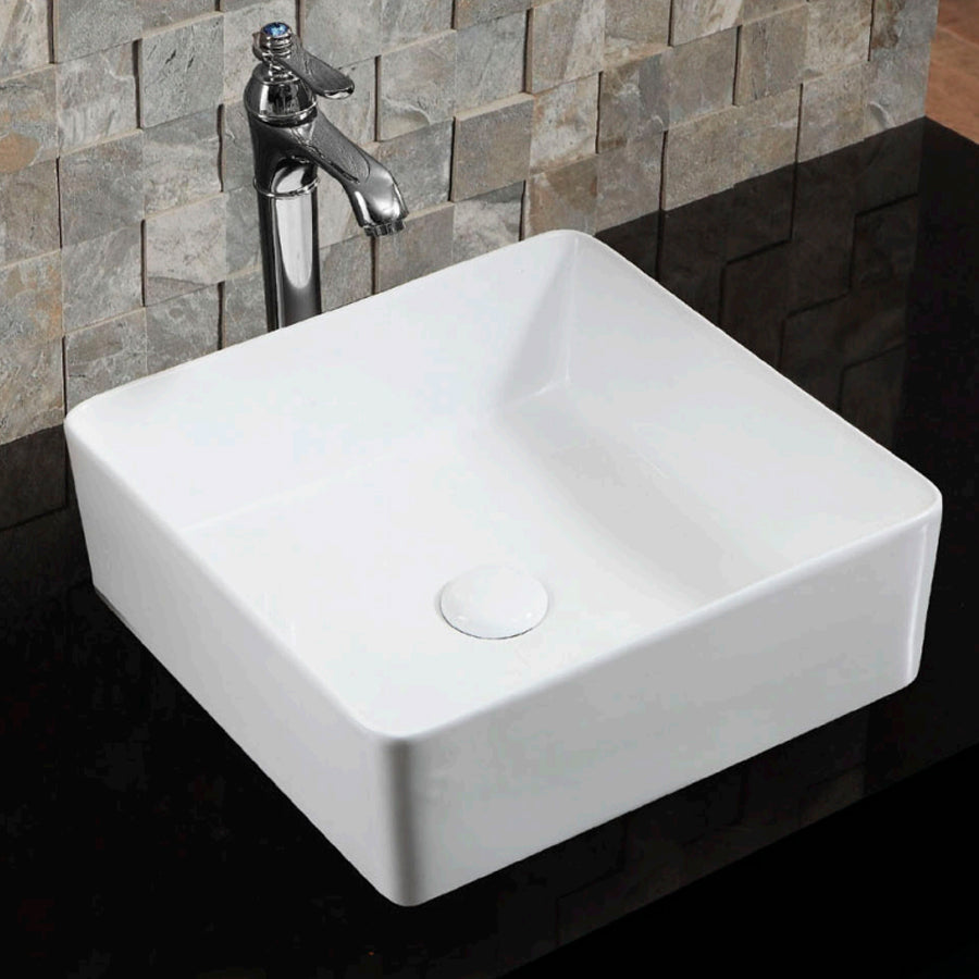Lavabo d'appoggio quadrato in ceramica bianca senza troppo pieno cm 39