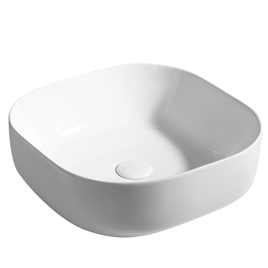 Lavabo d'appoggio quadrato con angoli stondati in ceramica bianca senza troppo pieno cm 43x43