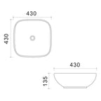 Lavabo d'appoggio quadrato con angoli stondati in ceramica bianca senza troppo pieno cm 43x43