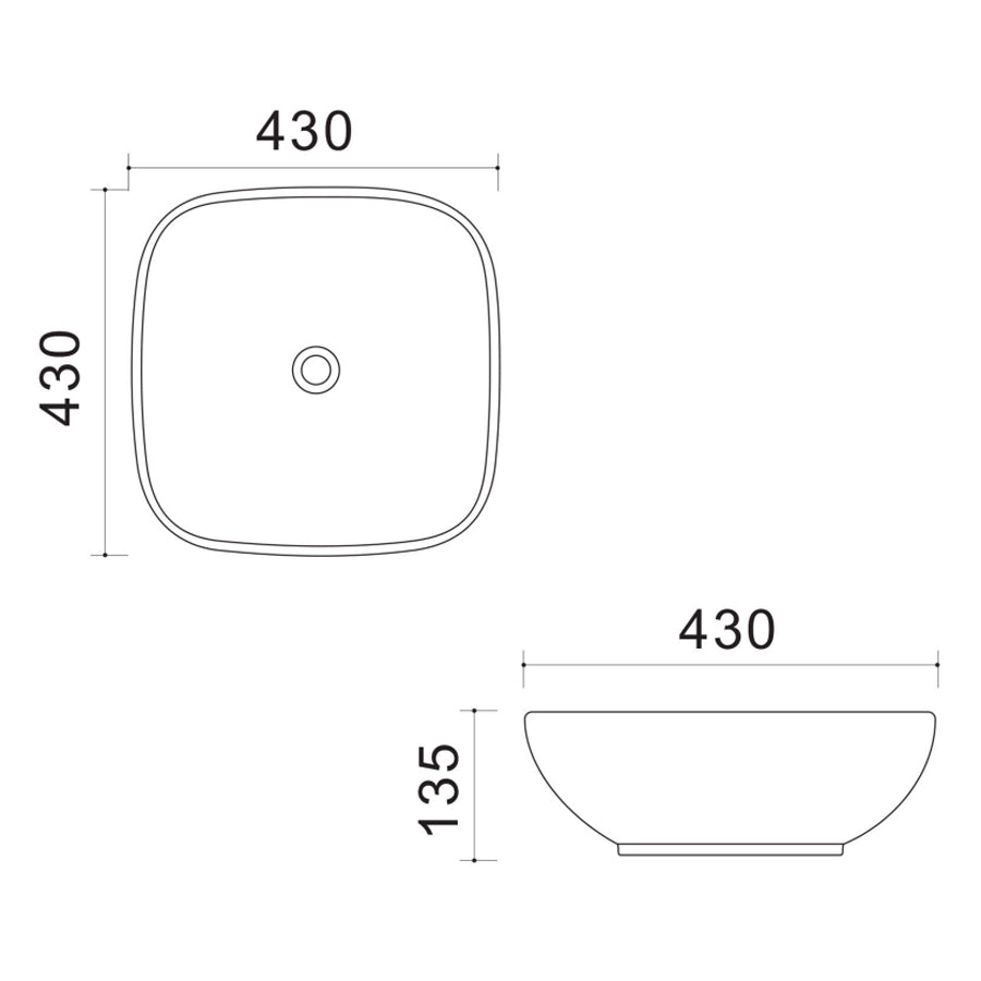 Lavabo d'appoggio quadrato con angoli stondati in ceramica bianca senza troppo pieno cm 43x43