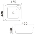 Lavabo d'appoggio quadrato con angoli stondati e foro rubinetto in ceramica bianca cm 43x43