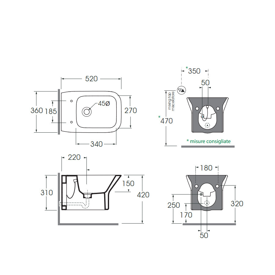 Sanitari sospesi modello Prua di Ceramica Azzurra con copriwater tradizionale