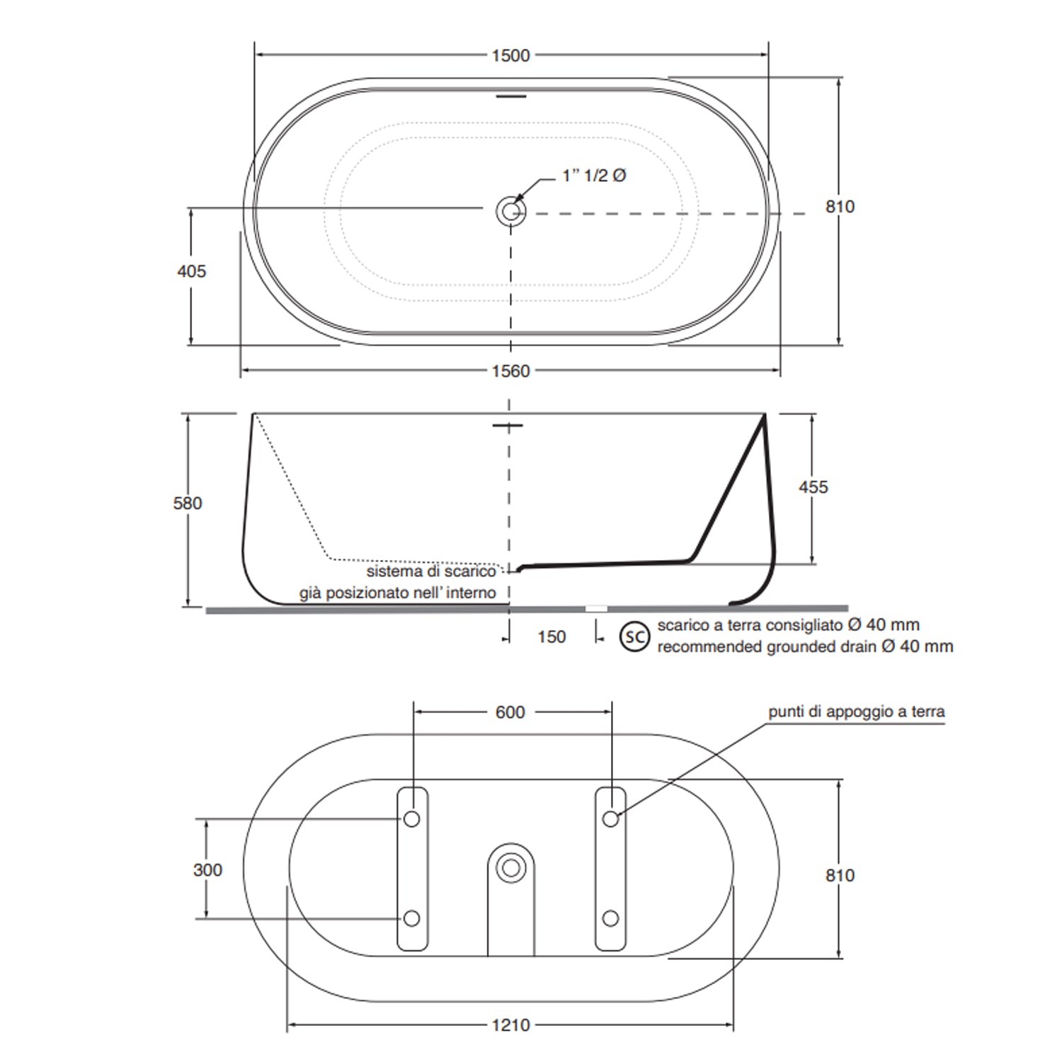 Vasca da bagno Azzurra serie Aurea 155x80x58 cm - Bianco lucido