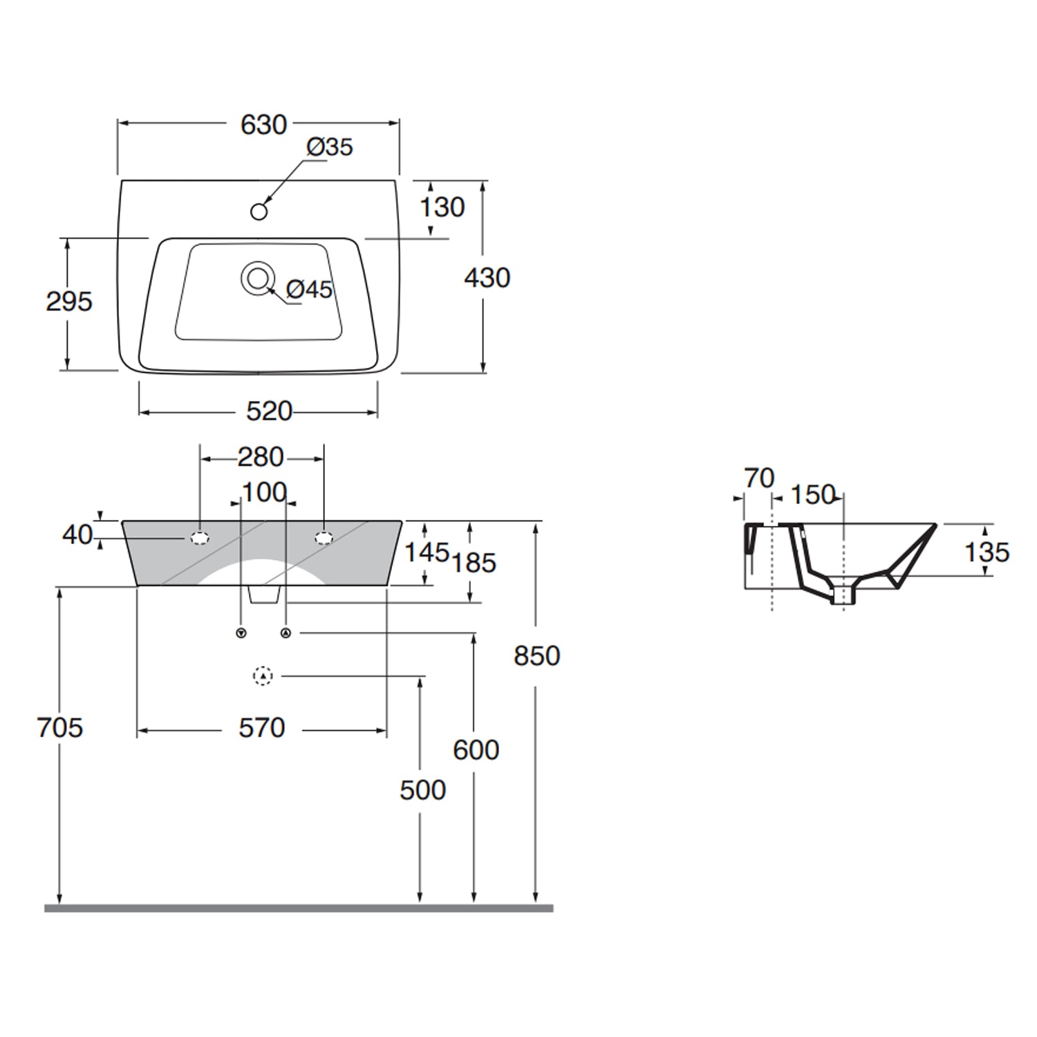Lavabo sospeso o da appoggio Ceramica Azzurra serie Hera 63x43x14