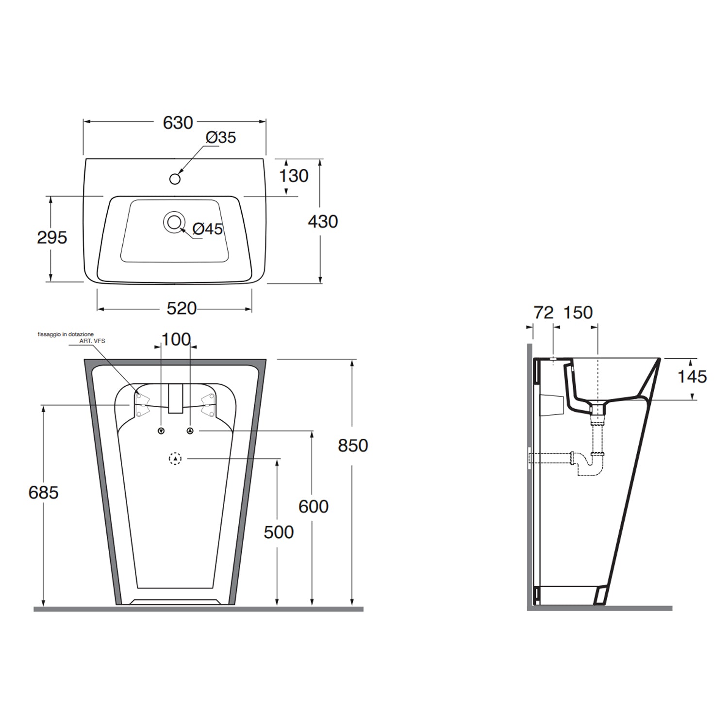 Lavabo freestanding Azzurra Ceramica serie Hera 63x43xH85 cm - Bianco lucido