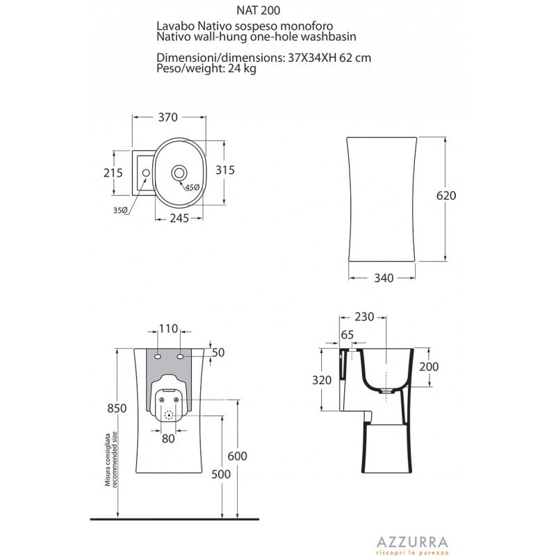 Lavabo lavamani sospeso Nativo Ceramica Azzurra senza foro rubinetto - Bianco lucido