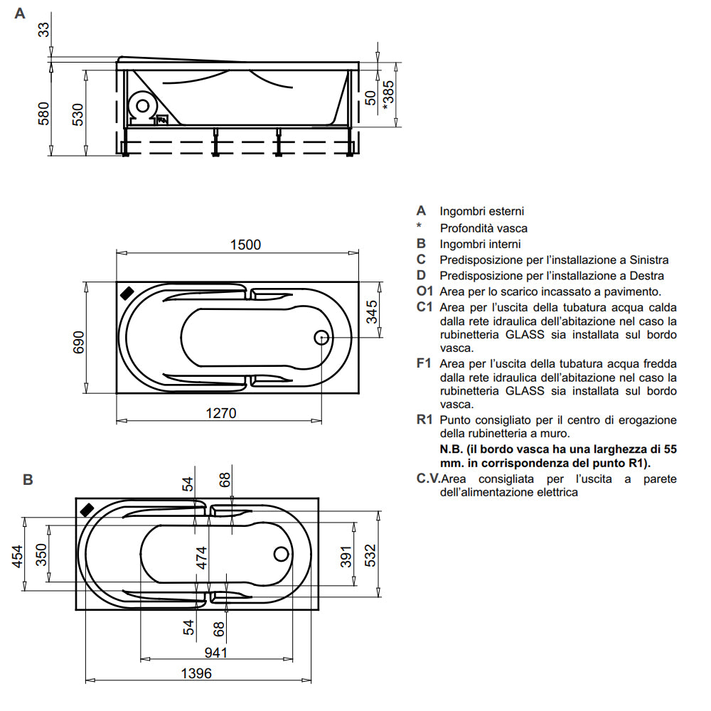 Vasca Bagno rettangolare Diamond in acrilico e Abs cm 150x70