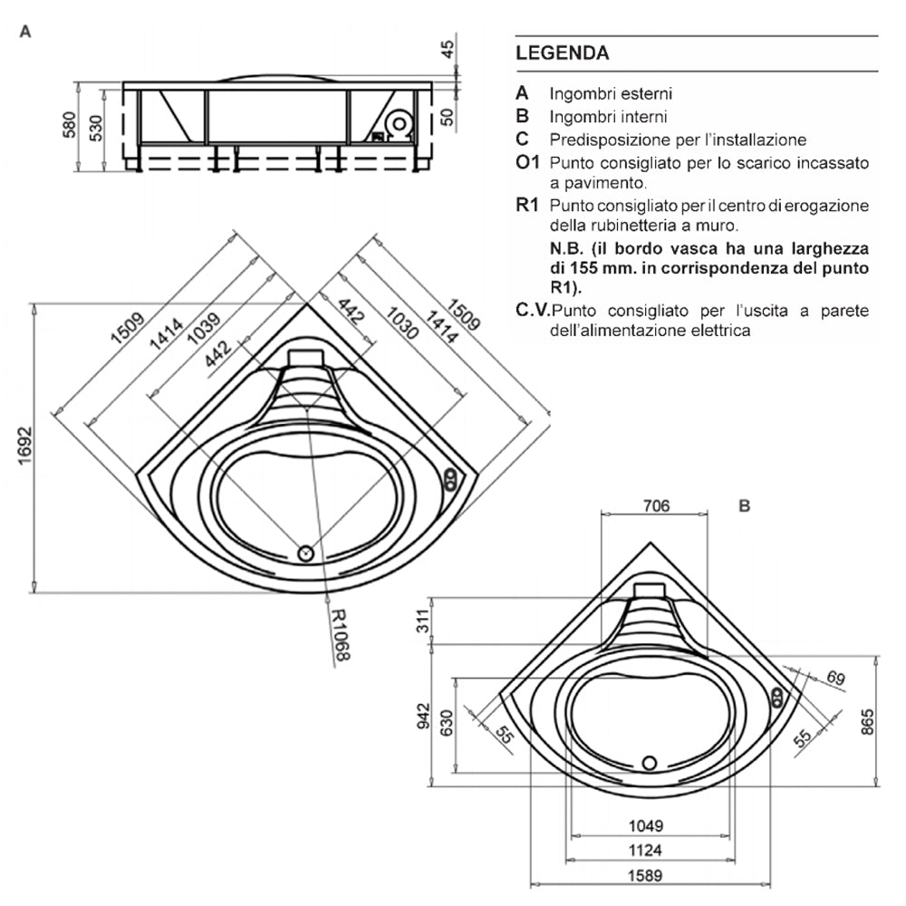 Vasca idromassaggio modello Procida con flusso a cascata in acrilico e Abs cm 140x140