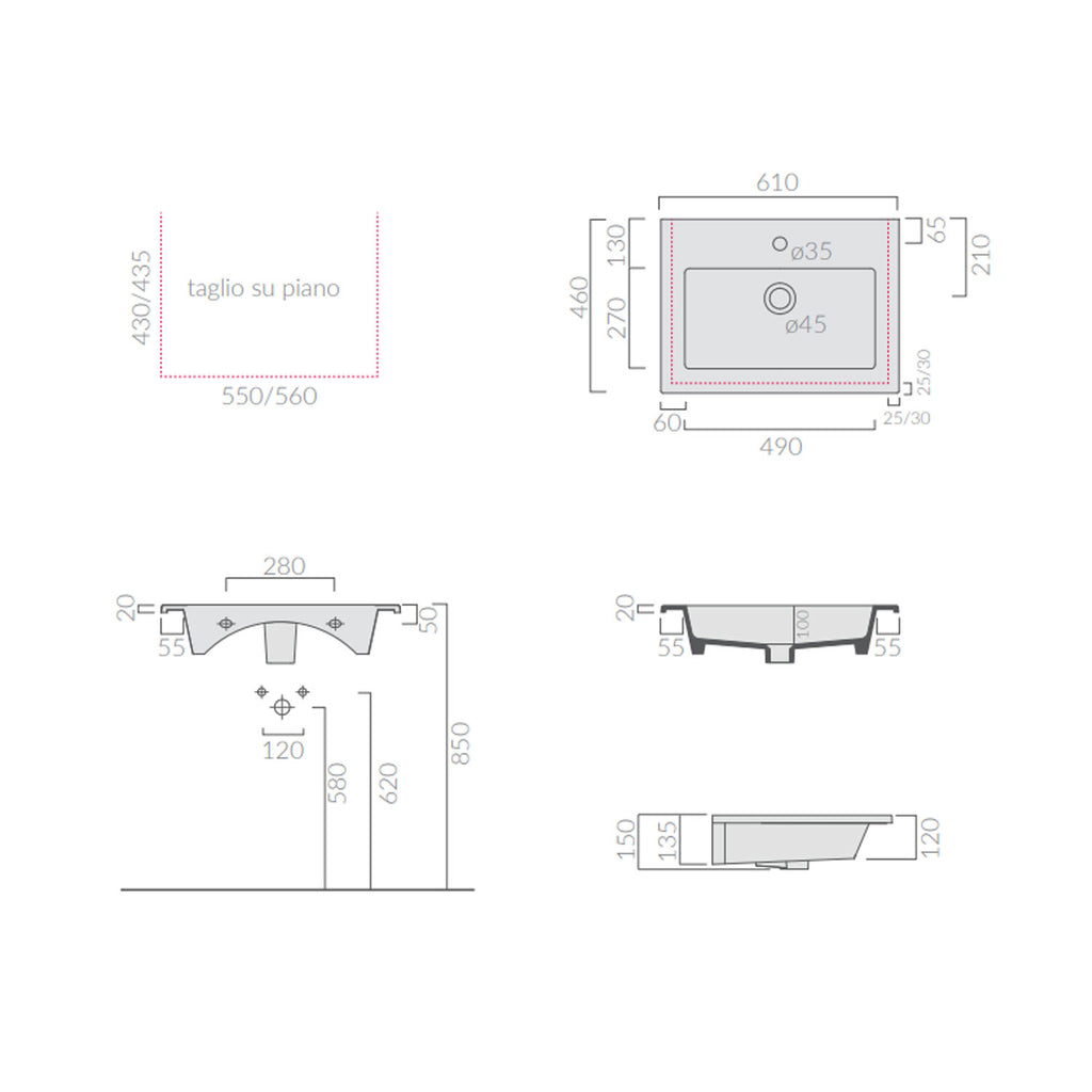 Lavabo ad incasso/sospeso serie Eden di Ceramica Galassia - Bianco lucido 61x46cm