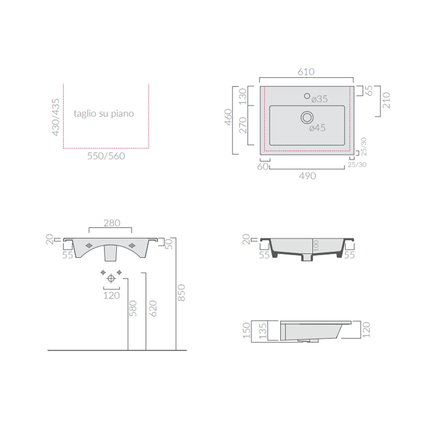 Lavabo ad incasso/sospeso serie Eden di Ceramica Galassia - Bianco lucido 61x46cm