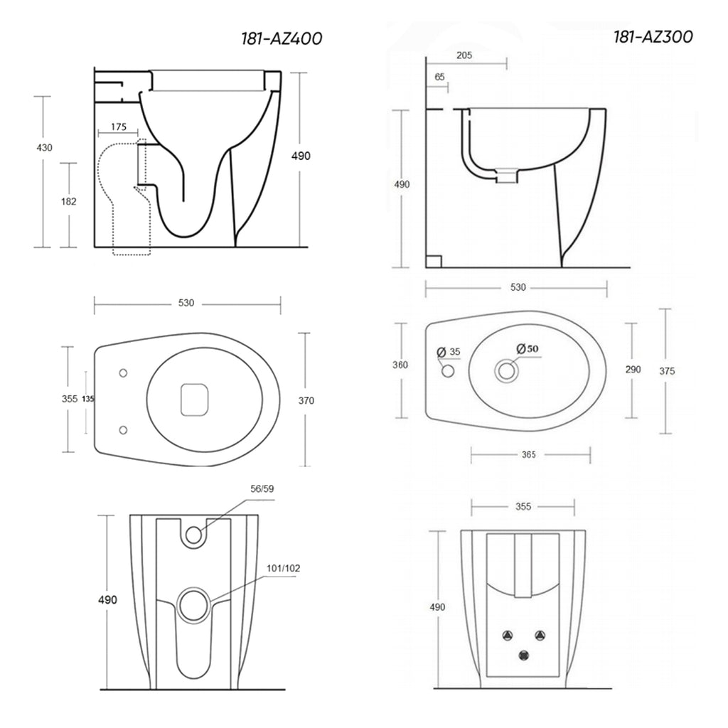 Coppia di sanitari filomuro Orchidea di Linpha Sanitary cm 36x53 bidet wc senza brida e copriwater