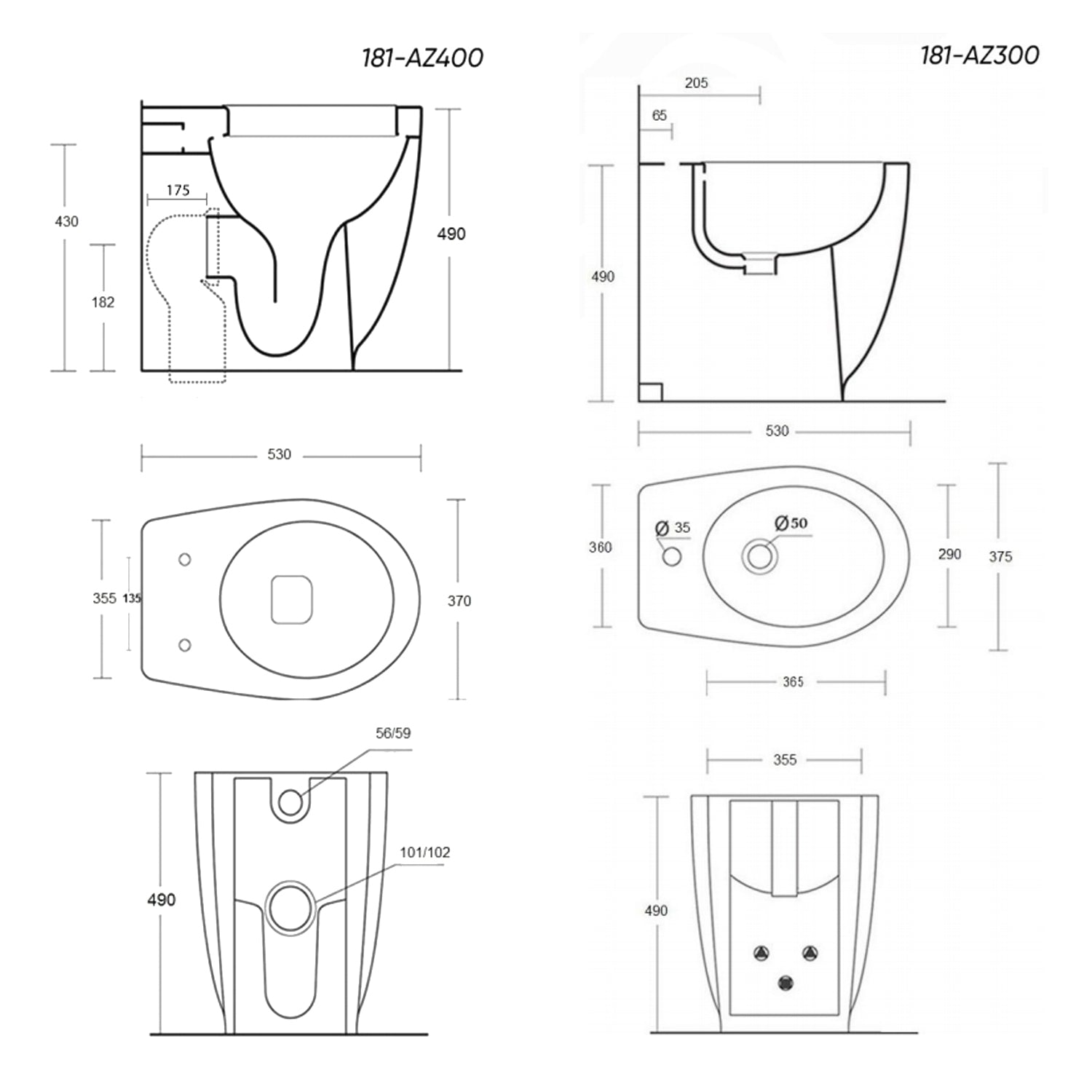 Coppia di sanitari filomuro Orchidea di Linpha Sanitary cm 36x53 bidet wc senza brida e copriwater