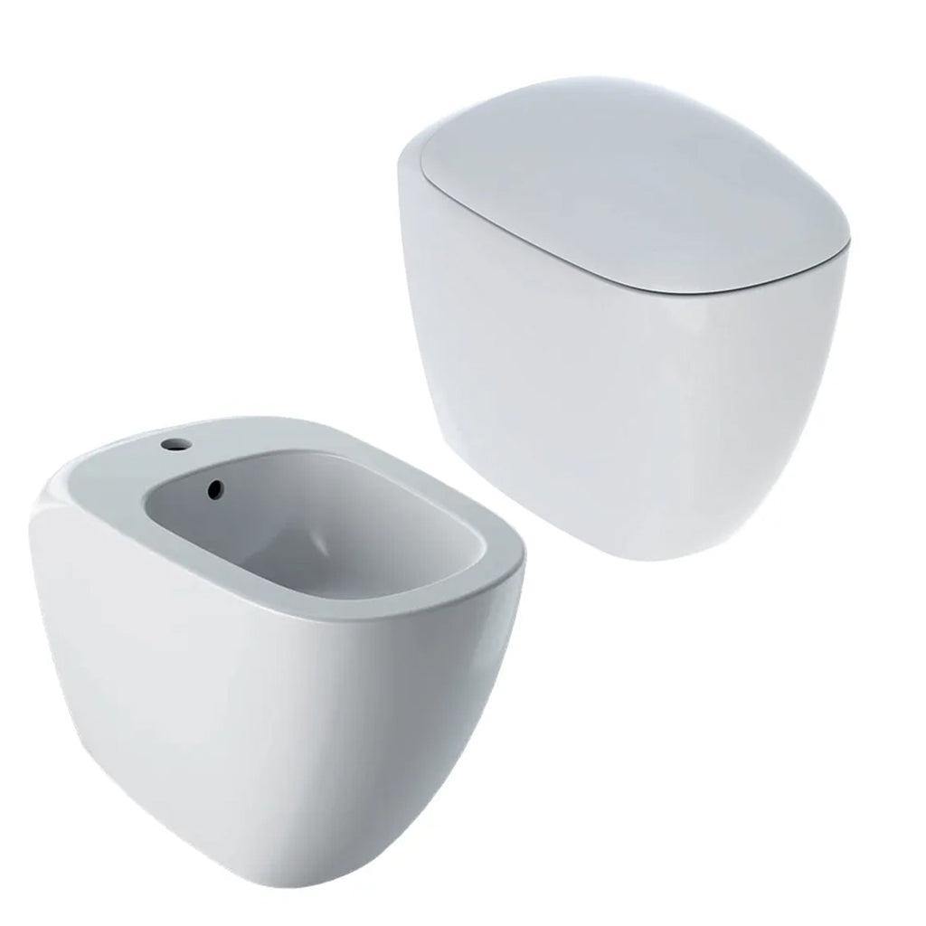 Sanitari filomuro con bidet e wc Rimless a scarico universale e sedile soft close modello Citterio di Geberit cm 56