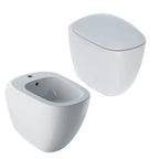 Sanitari filomuro con bidet e wc Rimless a scarico universale e sedile soft close modello Citterio di Geberit cm 56