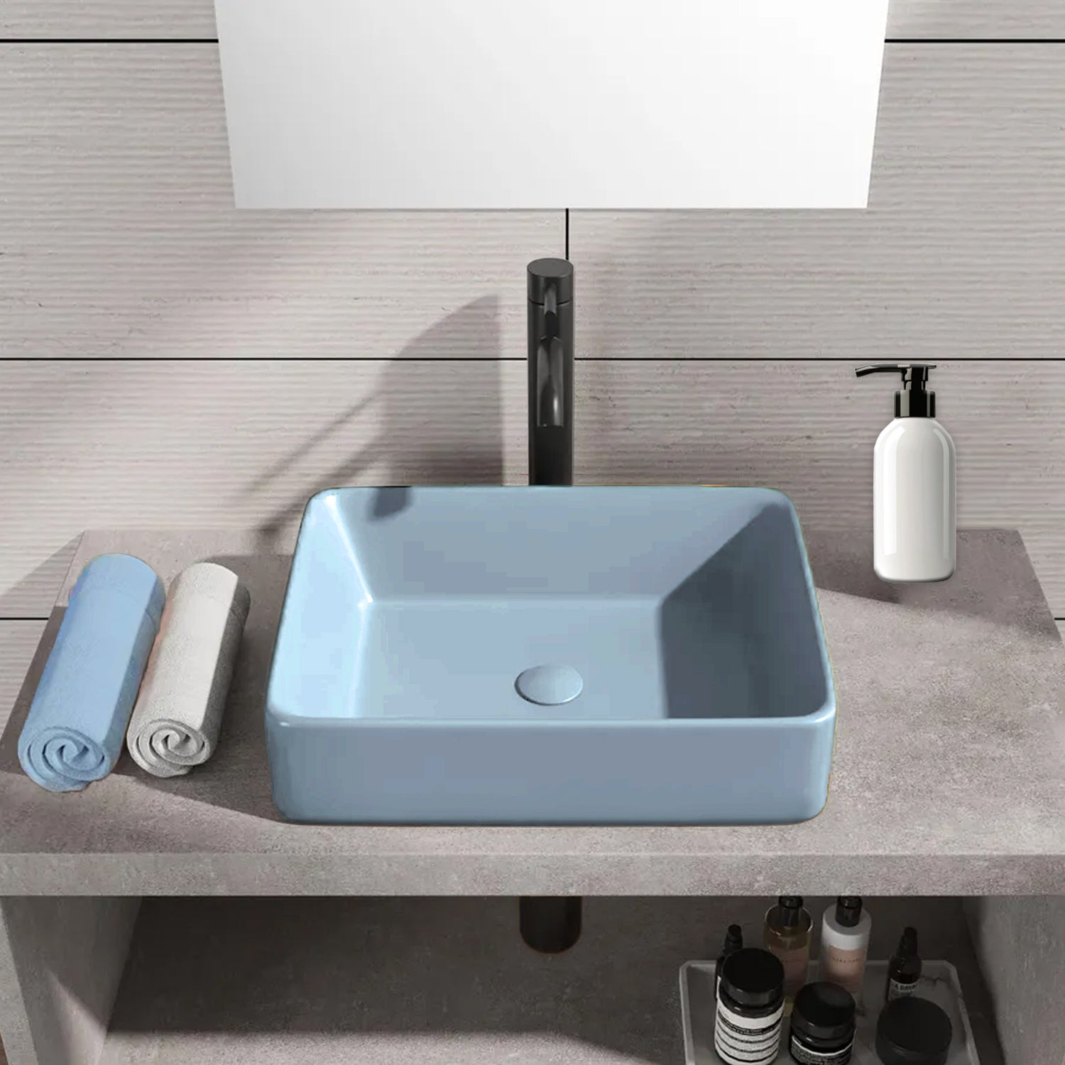 Lavabo da appoggio rettangolare BathCore serie Viva 48x37 cm senza troppopieno - Celeste
