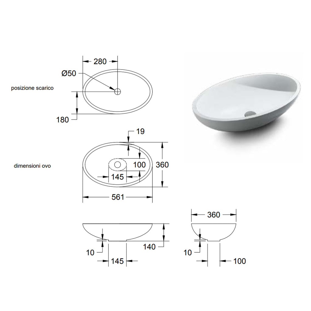 Lavabo da Appoggio in Solid Surface modello Ovo Relax Design Bianco OPACO