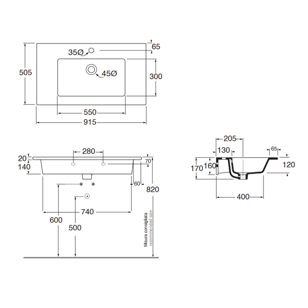 Lavabo consolle Azzurra Slim in ceramica cm 91x51 per installazione sospesa o semi-incasso su mobile