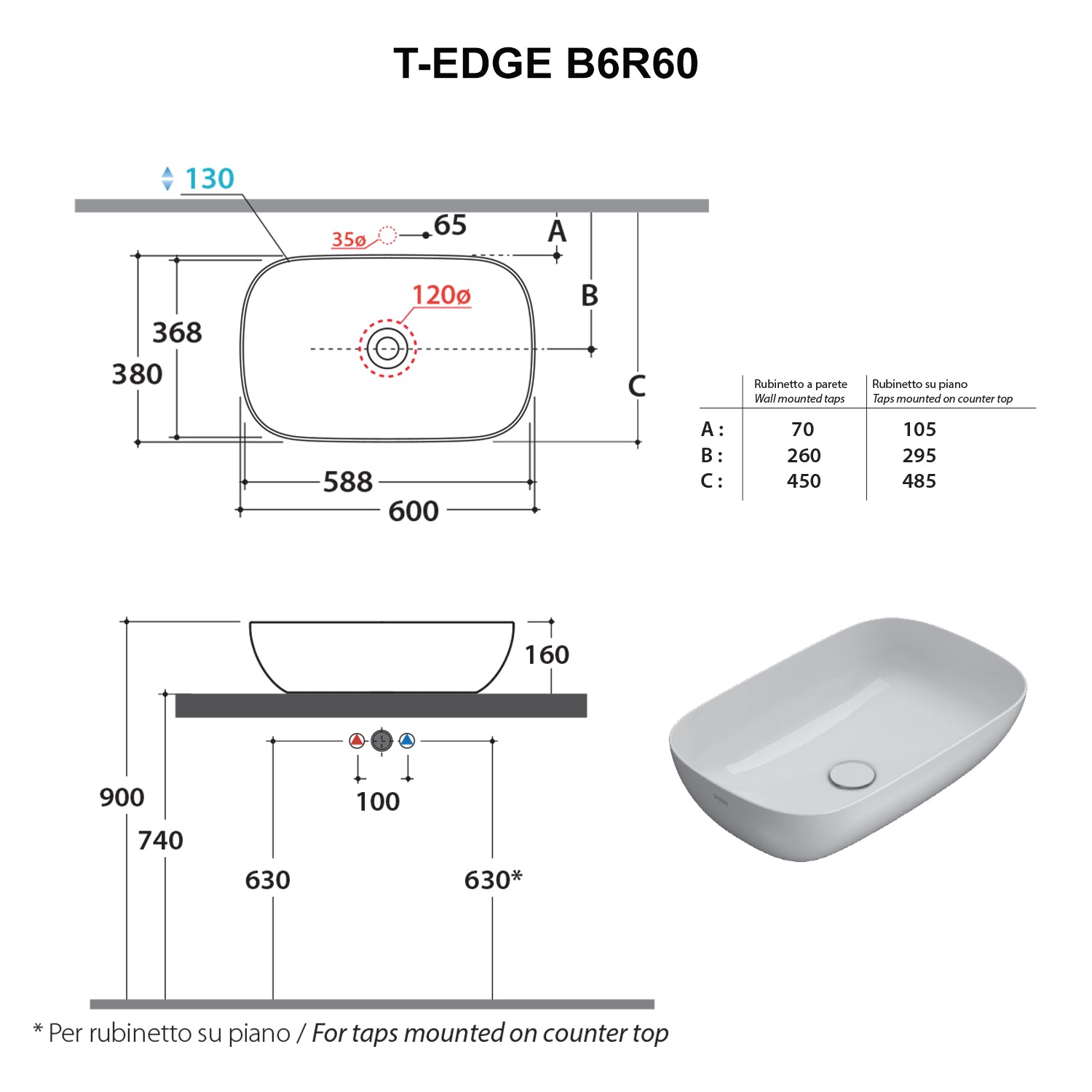 Nuovo lavabo d'appoggio Ceramica Globo T-Edge bianco opaco 60x38 h.16 cm