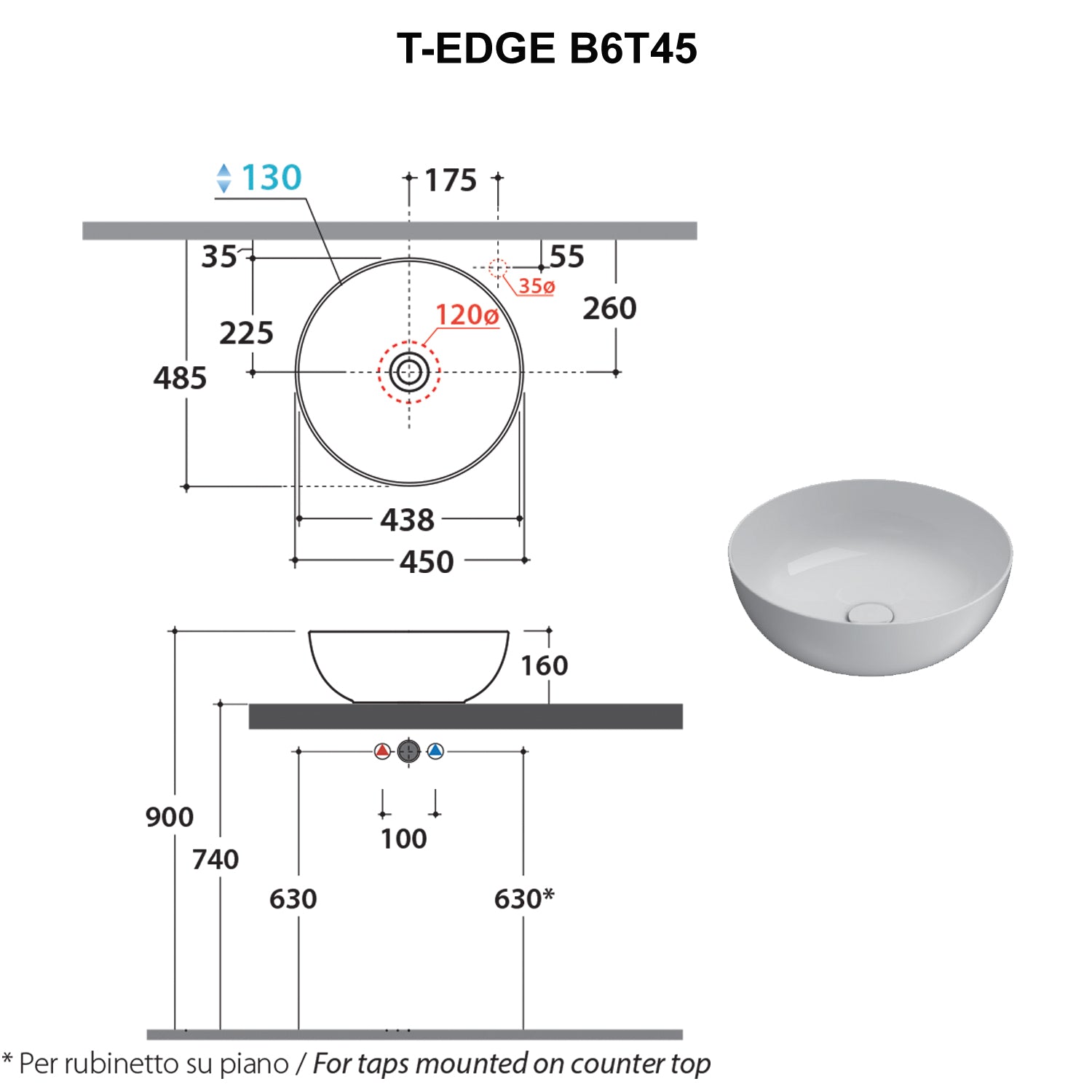 Lavabo da appoggio bianco opaco Ceramica Globo T-Edge Ã˜ 45 h.16 cm