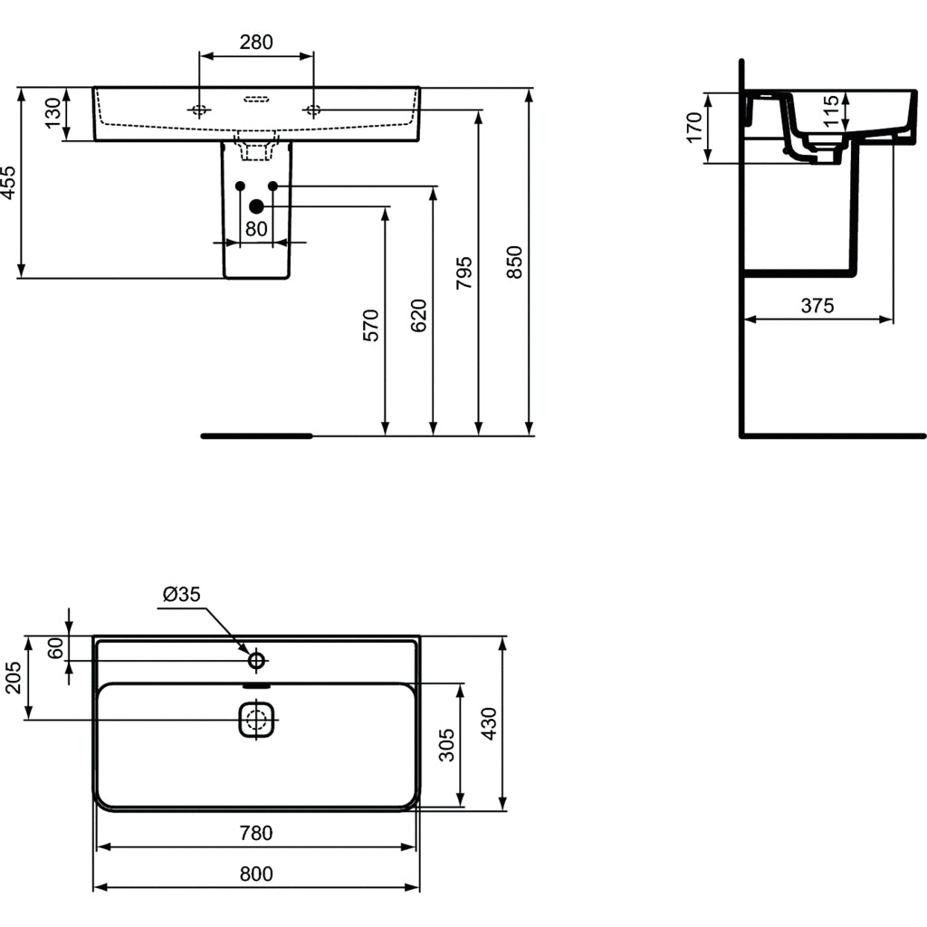 Lavabo sospeso da 80 cm Ideal Standard Strada II foro centrale aperto per rubinetteria