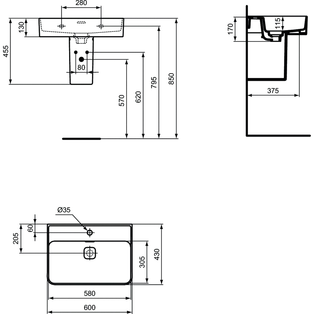 Lavabo sospeso da 60 cm Ideal Standard Strada II foro centrale aperto per rubinetteria