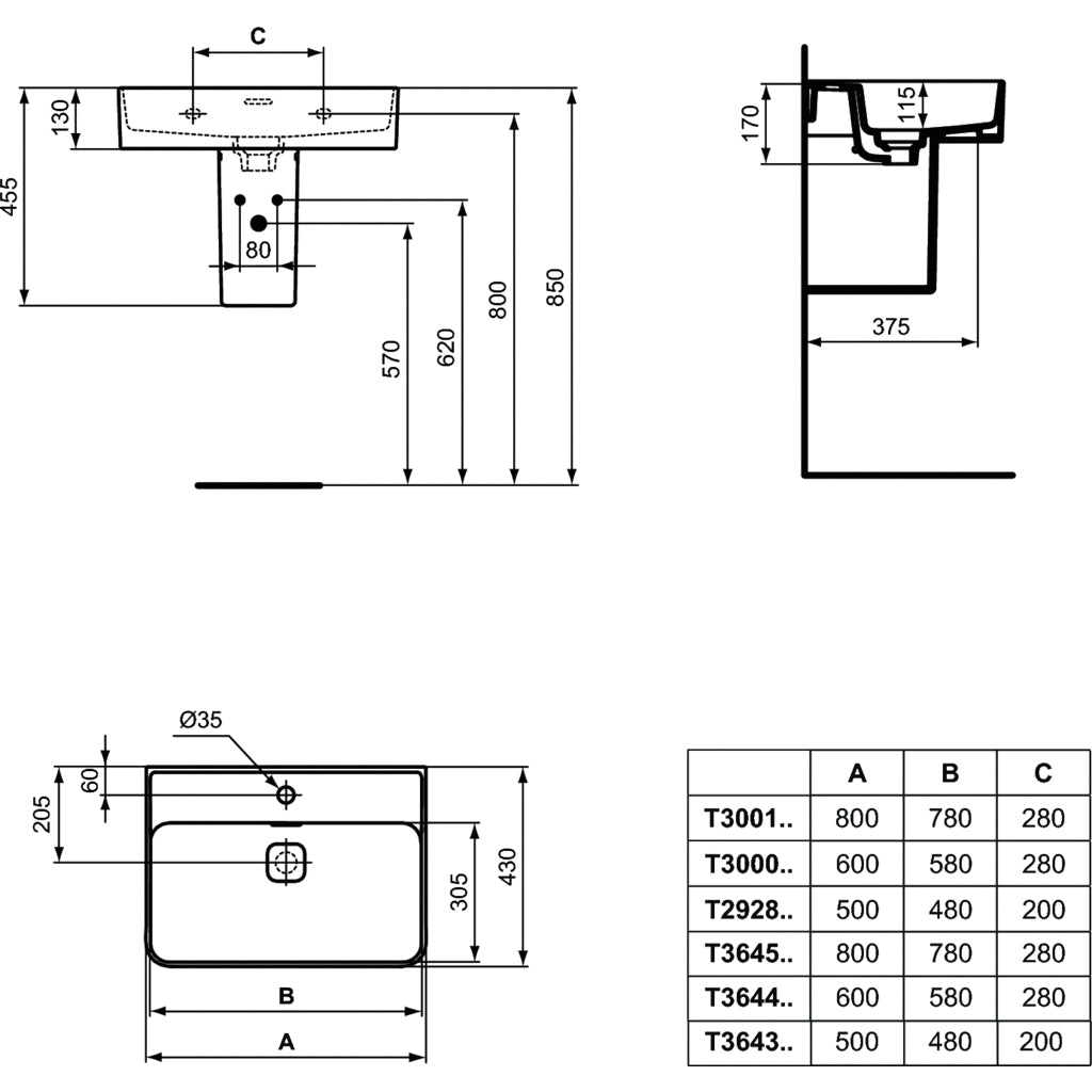 Lavabo sospeso da 50 cm Ideal Standard Strada II foro centrale aperto per rubinetteria