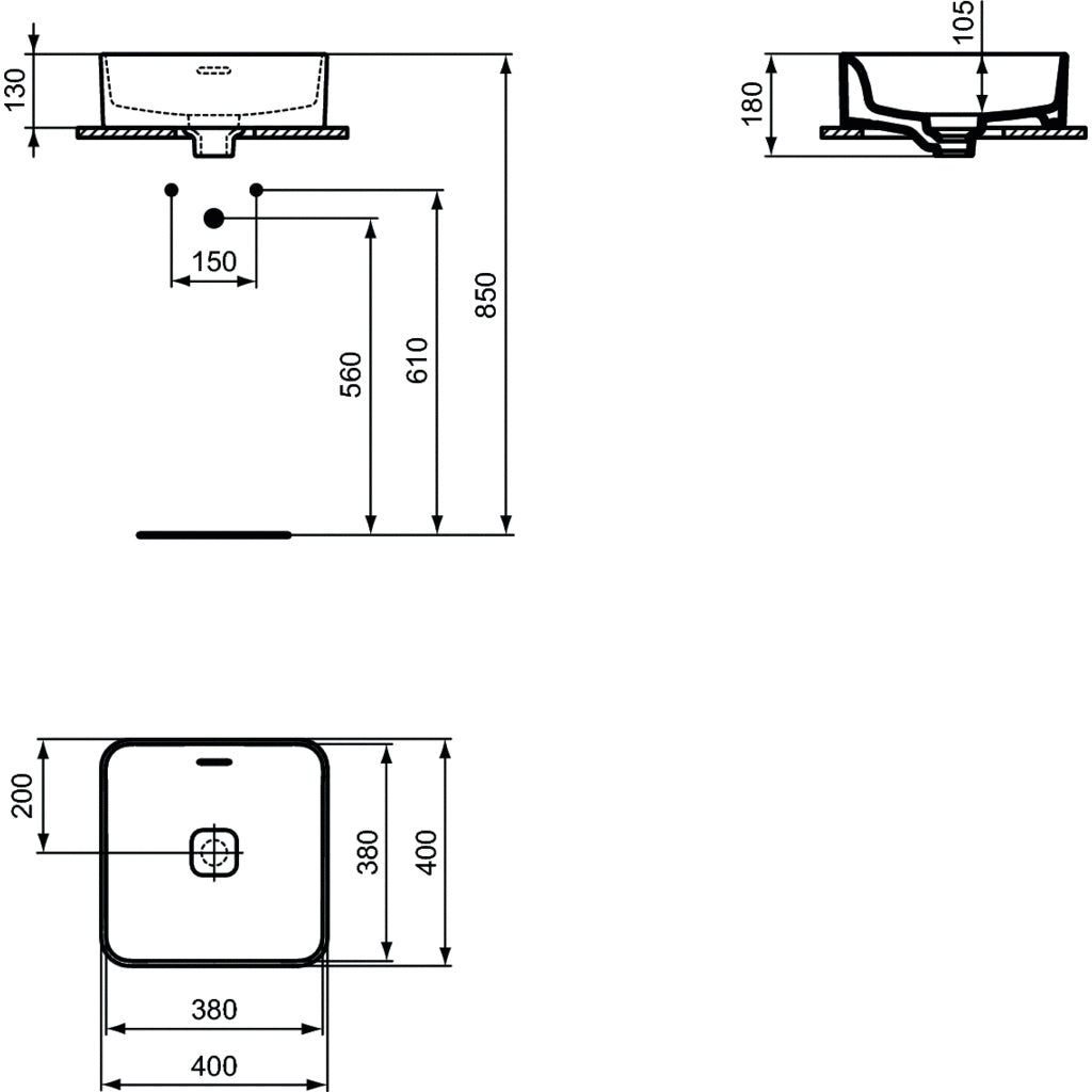Lavabo d'appoggio 40x40 Ideal Standard Strada II senza foro rubinetto