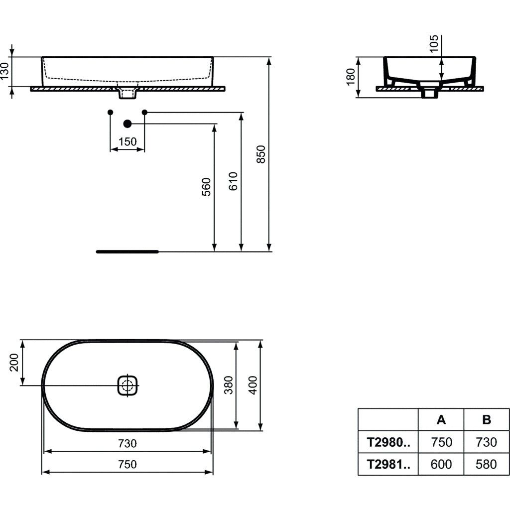 Lavabo d'appoggio 75x40 Ideal Standard Strada II senza foro rubinetto e troppopieno